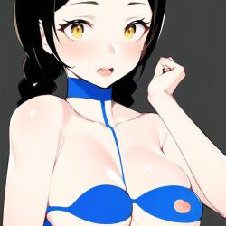 ai_generated black_hair embarrassed embarrassed_female nipple open_mouth shuri swimsuit twintails yellow_eyes