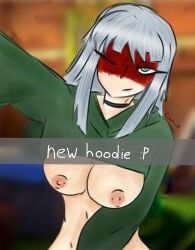 1girls artist_name artist_signature big_breasts blurry_background choker color colored crownz face_paint fit_female green_eyes green_hoodie harumi_(ninjago) hoodie hoodie_lift lego long_hair ninjago nipples red_face_paint selfie selfie_pose smug_face smug_smile sons_of_garmadon_(ninjago) white_hair