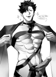 1boy abs big_balls big_penis black_hair clothes_lift dialogue exposed_nipples exposed_penis grayscale kuroo_tetsurou male_focus nipples precum_drip ribbon smirking_at_viewer suggestive_look