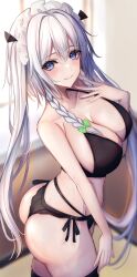 7saki alternate_hair_length alternate_hairstyle ass bad_id bad_twitter_id bikini black_bikini blue_eyes braid breasts cleavage closed_mouth female grey_hair highres indoors izayoi_sakuya large_breasts long_hair sakuya_izayoi smile solo swimsuit touhou twin_braids twintails underwear underwear_only window