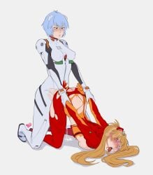 2girls ahe_gao ass_up asuka_langley_sohryu bent_over bodysuit flat_colors implied_futanari implied_penetration kneeling medium_breasts multiple_girls nagainosfw neon_genesis_evangelion plugsuit rei_ayanami sex test_plugsuit torn_bodysuit torn_clothes white_background yuri