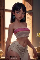 1girls ai_generated black_hair chel earrings female jewelry lips long_hair looking_at_viewer medium_breasts midriff navel parted_lips patreon patreon_username pelvic_curtain solo tubetop xpressionist