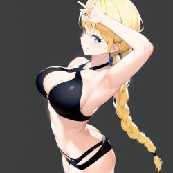 ai_generated ass big_breasts black_swimsuit blue_eyes breasts breasts_focus light_hair long_hair looking_at_viewer swimsuit