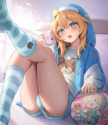 1boy absurdres adapted_costume animal_print bear_print bed_sheet blonde_hair blue_eyes blue_hoodie blue_shorts blue_socks blush bridget bridget_(guilty_gear) commentary_request cup cute cute_male femboy feminine_male guilty_gear guilty_gear_strive hakusyokuto highres holding holding_cup holding_mug holding_object hood hoodie knee_up kneehighs leg_up looking_at_viewer loungewear male male_focus male_only mug official_alternate_costume on_bed open_mouth otoko_no_ko paid_reward_available panties panty_peek print_shirt shirt short_shorts shorts sitting socks solo thighs trap underwear white_panties white_shirt