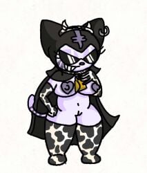 big_breasts black_hood breasts_covered cow_horns cow_print cow_print_legwear dara1n feline nyanmi_(sanrio) onegai_my_melody purple_fur sanrio self_upload sunglasses thick_thighs