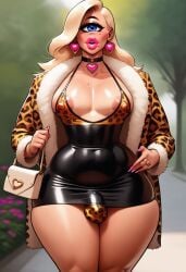 1futa ai_generated bimbo bimbo_lips bulge cerberuspup77926 cyclops dickgirl erect_nipples futanari leopard_print purse solo solo_futa wide_hips