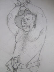 1boy andy_wilson beat_up black_eye bound_wrists cowboy_hat electrical_cord engineer erect_nipples erection exposed_penis grey_background greyscale male male_only open_fly pencil_(artwork) penis_out precum_bubble restrained retracted_foreskin sketch solo team_fortress_2