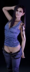 1girls blue_eyes brown_hair final_fantasy final_fantasy_xiii long_hair oerba_yun_fang_(ff_xiii) pants pants_down pussy shaved_pussy shirt smiling solo tan_body tattoo virt-a-mate virtamate