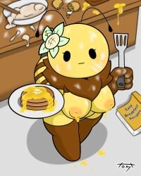 1girls abdomen antennae anthro bee bee_girl breakfast chest_tuft female honey_(food) honey_lactation insect_humanoid lactating_honey lactation neck_tuft pancake plate serving_food solo solo_focus spatula tagme tonytoran