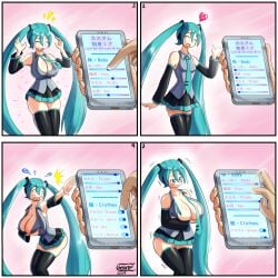 4_panel_comic app ass_expansion blush body_slider breast_expansion breast_slider color comic embarrassed feuerz hatsune_miku huge_breasts offscreen_character phone right_to_left self_upload slider slider_(control) vocaloid wardrobe_malfunction