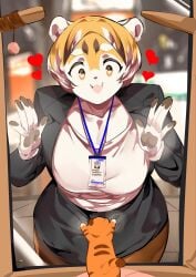 1girls big_breasts breasts business_attire business_suit business_woman female heart-shaped_pupils hearts lanyard mx99926 oc office_lady solo solo_focus striped striped_body striped_fur stripes suit thick_thighs wholesome wide_hips