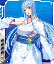 00s blue_hair card_(blue-r) card_(medium) card_(r) fei_(maidoll) female female_focus japanese_clothes kimono light_blue_hair lilith-soft long_hair official_art solo taimanin_(series) taimanin_asagi taimanin_asagi_battle_arena_all_card_gallery taimanin_asagi_kessen_arena yellow_eyes yukino_shirameno_mikoto yukionna_inochi