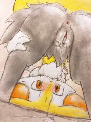 black_legs blush bodily_fluids braixen canid canine cum eiroru female feral fox fur generation_6_pokemon genital_fluids humanoid leaking leaking_cum leg_grab mammal nintendo pokemon pokemon_(species) presenting solo thigh_grab white_body white_fur white_hands yellow_body yellow_fur