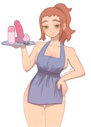 1girls apron apron_only blush brown_hair diner_dash female female_only flo_(diner_dash) green_eyes half-closed_eyes hand_on_hip naked_apron ponytail re_zk444 short_hair smile solo solo_female