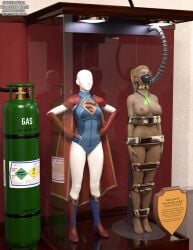 3d blonde_hair blue_leotard bound bound_arms bound_legs completely_nude completely_nude_female dc dc_comics justice_league kara_zor-el kryptonite leotard mannequin nude nude_female supergirl superhero superhero_costume superheroine thejpeger trophy_case