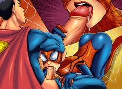 1boy 1girls arabatos ass ass_up blowjob clark_kent crossover crossover_pairing dc fellatio head_grab marvel may_parker mayday_parker mc2 spider-girl spider-man_(series) superhero superheroine superman