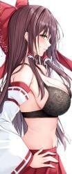 7saki absurdres black_bra bow bra breasts brown_hair cleavage commentary_request detached_sleeves female from_side hair_tubes hairbow hakurei_reimu highres large_breasts long_hair looking_at_viewer no_shirt parted_lips red_bow red_skirt reimu_hakurei ribbon-trimmed_sleeves ribbon_trim sidelocks sideways_glance simple_background skirt solo touhou underwear white_background