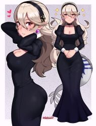 1girls absurdres adjusting_hair alternate_costume arms_up ass big_ass black_dress breasts cleavage cleavage_cutout corrin_(female)_(fire_emblem) corrin_(fire_emblem) corrin_(fire_emblem)_(female) dragon_tail dress earrings eyelashes female female_only fire_emblem fire_emblem_fates grey_hair hairband heart highres jewelry light_blush long_dress long_hair looking_at_viewer medium_breasts nintendo own_hands_together paid_reward_available pointy_ears red_eyes sarukaiwolf smile solo tail tight_clothes tight_dress