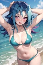 ai_(artist) arms_up beach_background bikini blue_hair blush edit female huge_breasts kamishiro_rio long_hair looking_at_viewer navel red_eyes rio_kamishiro smile solo summer yu-gi-oh! yu-gi-oh!_zexal