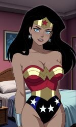 ai_generated big_breasts black_hair bonnieaiart breasts dc_comics diana_prince legs_exposed leotard superheroine tan_skin wonder_woman