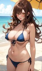 ai_generated beach bikini bikini_aside blue_bikini blush breasts_out brown_hair female_issei high_school_dxd huge_breasts long_hair micro_bikini nipples_visible_through_clothing plump_breasts smile wet_body wet_hair wet_skin yellow_eyes