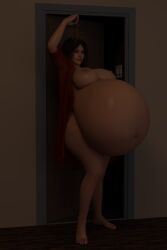 1girls 3d belly belly_inflation big_belly big_breasts breasts doorway female huge_belly inflation nipples thatoneblueguy