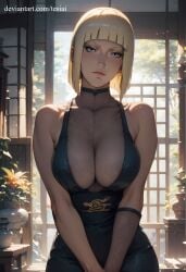 1girls adapted_costume ai_generated alternate_costume artist_name big_breasts blonde_hair blue_eyes blush bob_cut breast_press breasts center_opening cleavage clothing detached_sleeves detailed_background deviantart_username dress huge_breasts human indoors kunoichi large_breasts lipstick looking_at_viewer makeup mature mature_female mature_woman mesh mesh_clothing nai_diffusion naruto naruto_(series) naruto_shippuden nature ninja nipples nipples_visible_through_clothing no_bra no_bra_under_clothes obi oppai patreon_username pinup revealing_clothes sagging_breasts samui skirt stable_diffusion teasing teasing_viewer tesiai upper_body url visible_nipples voluptuous voluptuous_female watermark web_address