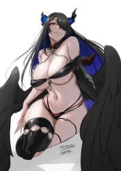 1girls asymmetrical_horns big_breasts black_hair blue_hair breasts broken_horn cleavage colored_inner_hair demon_horn feathered_wings female female_only hair_over_one_eye hololive hololive_english hololive_english_-advent- horns light-skinned_female light_skin myth1c myth1carts nerissa_ravencroft solo very_long_hair virtual_youtuber white_background wings