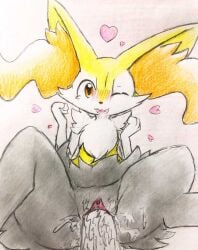 black_body black_fur bodily_fluids braixen canid canine cum disembodied_penis duo eiroru female feral fox fur generation_6_pokemon genital_fluids genitals heart_symbol humanoid male male/female mammal nintendo penetration penis pokemon pokemon_(species) smile spread_legs spreading vaginal_penetration vaginal_penetration white_body white_fur