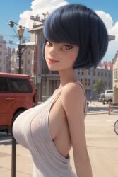 1girls ai_generated blue_hair bob_cut breasts car devil's_man devil's_man_(artist) female huge_breasts kagami_tsurugi large_breasts looking_at_viewer miraculous:_tales_of_ladybug_and_cat_noir miraculous_ladybug pixai short_hair sideboob sideview smiling smiling_at_viewer solo solo_female solo_focus street white_clothing white_gown