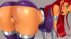 1girl 1girls artist_request ass bent_over big_ass breasts female female_only green_eyes green_sclera looking_back manonlootens041609 orange_skin presenting_hindquarters red_hair solo solo_female starfire tagme teen_titans