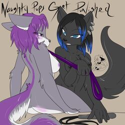 5_fingers anthro ass black_fur black_hair blue_eyes blush breasts canine collar ear_piercing eye_contact fangs female grey_background grey_fur hair jess_(teckly) kaespaws leash looking_at_another nodin nude piercing plain_background purple_fur purple_hair teeth tongue whip wolf yuri