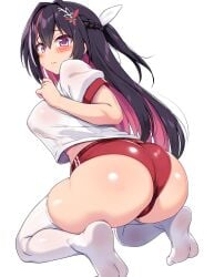 ass_focus azki_(hololive) blush blush_lines blushing blushing_at_viewer body_lines braid buruma closed_mouth colored_inner_hair embarrassed gym_shorts gym_uniform hair_ornament heavy_blush hololive hololive_gen_0 hololive_japan huge_ass kneeling large_breasts looking_back multicolored_hair no_bra rear_view sakanaya_(sakanaya952) see-through shiny_butt shiny_skin shy socks soles soles_of_feet_in_socks streaked_hair sweatdrop thick_thighs thighhighs virtual_youtuber wide_hips