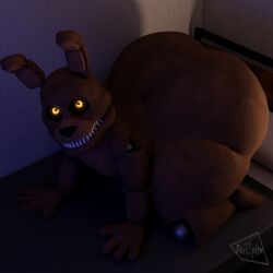 4_fingers animatronic anthro ass barely_visible_genitalia bedroom big_butt big_ears brown_body canid canine canis darkspite domestic_dog fetch_(fnaf) fingers five_nights_at_freddy's gay genitals glowing glowing_eyes hi_res huge_butt humanoid looking_at_viewer looking_up machine male mammal metal orange_eyes robot scottgames sharp_teeth simple_background solo teeth