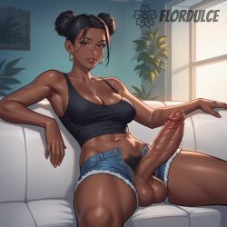 ai_generated balls black_hair black_tank_top brown_eyes cleavage couch dark-skinned_futanari dark_skin denim_shorts double_bun erect_penis erection flordulce futa_only futanari indoors penis precum pubic_hair seductive seductive_look seductive_smile short_shorts shorts sitting solo_futa space_buns spread_legs tank_top testicles unzipped_shorts