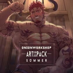 1boy abs agielba bara biceps chest_tattoo clothing_aside cow_boy cow_horns cowboy_shot draph facial_hair flexing from_below goatee granblue_fantasy green_eyes highres horns large_pectorals leg_hair male_focus male_only male_underwear male_underwear_aside mature_male muscular muscular_male mutton_chops navel navel_hair nipples onionworkshop out-of-frame_censoring paid_reward_available pectorals pencil_mustache penis_grab red_hair sauna short_hair sideburns skindentation solo sparse_navel_hair steam stomach sweat tattoo thick_thighs thighs topless_male uncensored underwear veins veiny_pectorals very_sweaty white_male_underwear