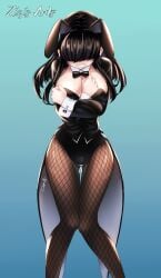 100_kanojo animal_ears black_hair bow bowtie breasts cleavage clenched_teeth costume covering_breasts covering_privates detached_collar embarrassed female fishnet_pantyhose fishnets hidden_eyes highres kakure_meme kimi_no_koto_ga_dai_dai_dai_dai_daisuki_na_100-nin_no_kanojo knees_together_feet_apart large_breasts legs leotard long_hair long_sleeves pantyhose playboy_bunny rabbit_ears teeth the_100_girlfriends_who_really_really_really_really_really_love_you thigh_gap zizis_arts