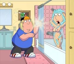 1girls 20th_century_fox 2boys accurate_art_style armpits blackzacek camouflage chris_griffin completely_nude_female disguise family_guy glenn_quagmire lois_griffin milf pubic_hair shocked shower shower_curtain showering smiling taking_picture watching