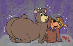 anthro ass bear big_butt bodily_fluids boo-boo_bear cindy_bear cum duo female genital_fluids handjob hanna-barbera hi_res jodero kneeling leaking_cum looking_at_viewer male male/female mammal masturbation penile sex surprised_expression wide_hips yogi_bear