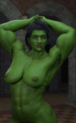 1girls 3d battlewhore black_hair completely_nude completely_nude_female green_skin green_skinned_female muscular muscular_female nude orc orc_female original original_character tusks