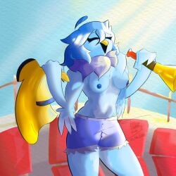 bird bird_girl blue_body blue_fur blue_hair blue_nipples blue_skin blue_sky furry furry_female happy_female martlet_(undertale_yellow) nipples no_bra no_panties short_pants short_shorts undertale undertale_(series)