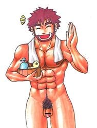 1boy bar_censor bathing byron_(pokemon) censored male_only pokemon pubic_hair rubber_duck tagme towel_around_neck