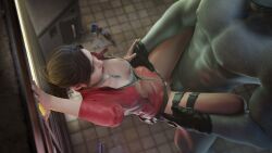 3d blue_eyes brown_hair capcom claire_redfield female humanoid light-skinned_female male monster mr_x nsf3d partially_clothed resident_evil resident_evil_2 resident_evil_2_remake sex standing_sex tyrant vaginal_penetration