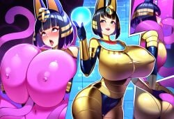 ai_generated animal_crossing ankha ankha_(animal_crossing) blowjob bodysuit gigantic_breasts huge_ass huge_breasts latex metallic metallic_body neon_lights tentacle tongue_out