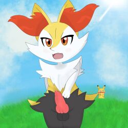 1:1 anthro balls blush braixen canid canine digital_media_(artwork) erection fur generation_1_pokemon generation_6_pokemon genitals hi_res inner_ear_fluff looking_at_viewer male male_braixen mammal nintendo nude penis pikachu pokemon pokemon_(species) smile solo tongue tuft white_body yellow_body yellow_fur