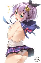 1girls areolae arms_covering_breasts artist_request ass azur_lane back blush breasts breasts_out green_eyes hood javelin_(azur_lane) looking_at_viewer looking_back medium_breasts nipples pale-skinned_female pale_skin panties partially_clothed partially_clothed_female ponytail purple_hair skirt skirt_up solo solo_female solo_focus white_panties