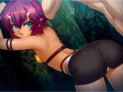 00s 1boy 1girls ass back bare_shoulders bent_over black_skirt breasts buckle clothed_female_nude_male demon_girl eyebrows female game_cg green_eyes head_out_of_frame hetero horns kagami_hirotaka kureha_(taimanin) kureha_(taimanin_asagi) lilith-soft looking_at_viewer looking_back nude official_art oni outdoors panties pantyshot parted_lips pencil_skirt pointy_ears purple_hair shiny_skin short_eyebrows short_hair skirt small_breasts solo_focus sweat tagme taimanin_(series) taimanin_asagi taimanin_asagi_battle_arena taimanin_asagi_kessen_arena underwear white_panties