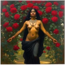 ai_generated belly black_hair bracelet breasts curly_hair curvy dark-skinned_female earrings female flower indian_female lips long_hair navel nipples presenting realistic rose_(flower) small_breasts solo topless tree william_bouguereau