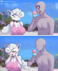 1boy 1girls alice_(gammainks) alolan_vulpix anon anonymous_male apron big_breasts blush breast_squish closed_eyes dialogue embarrassed english_text eyeless_male female gammainks generation_1_pokemon heart hi_res ice_cream male neck_bell nintendo pokemon pokemon_(species) sideboob smile two_panel_image vulpix