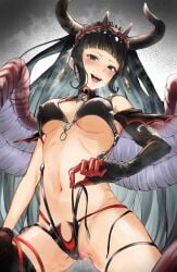 :d absurdres asymmetrical_gloves bikini black_bikini black_gloves black_hair black_hairband black_thighhighs blunt_bangs blush breasts censored commentary_request covered_nipples demon_horns drop_earrings earrings elbow_gloves feathered_wings female frilled_hairband frills gloves granblue_fantasy hairband highleg highleg_bikini highres horns jewelry large_breasts looking_at_viewer magus_(granblue_fantasy) mismatched_gloves mochi-jun mosaic_censoring navel pussy pussy_juice red_gloves single_elbow_glove single_thighhigh smile solo sweat swimsuit thighhighs two-tone_gloves untied_bikini_bottom wings